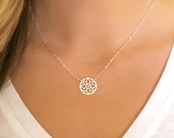 Sterling Silver Medallion Necklace For Women, Round Circle Pendant Necklace With Filigree Pattern, Dainty Everyday Jewelry, Gift For Her