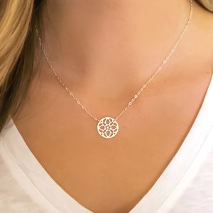 Sterling Silver Medallion Necklace For Women, Round Circle Pendant Necklace With Filigree Pattern, Dainty Everyday Jewelry, Gift For Her