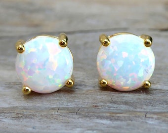 White Opal Earrings, Dainty Fire Opal Stud Earrings For Women, 7mm Stud Gemstones, October Birthstone Jewelry, Bridal Bridesmaid Jewelry