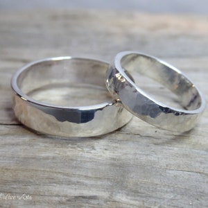 Sterling Silver Hammered Wedding Band Set For Couples: His and Hers Rings 6mm, 4mm