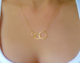 3 Ring Eternity Necklace, Infinity Three Circle Necklace For Women, Three Sisters Rose Gold Circle Necklace, Triple Circle Jewelry Silver