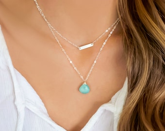 Larimar Necklace For Women, Gemstone Teardrop Pendant, Simple Dainty Layering Necklace Set 925 Sterling Silver, Beach Jewelry Gift For Her