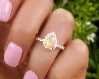 Fire Opal Ring For Women, Sterling Silver Pear Shape Ethiopian Opal and White Topaz, October Birthstone, Gift For Her,