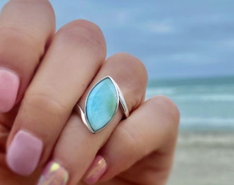 Larimar Ring For Women, Gemstone Statement Ring Marquise Shape, Natural Larimar Blue Caribbean Stone, Lightly Hammered 925 Sterling Silver