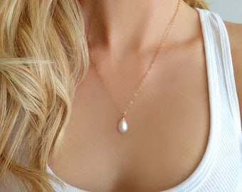 Pearl Teardrop Necklace Rose Gold, Single Pearl Necklace Pendant, Simple Freshwater Pearl Bridal Necklace, Bridesmaid Jewelry Gift