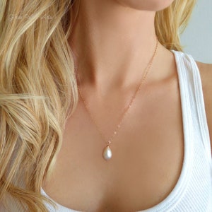 Pearl Teardrop Necklace Rose Gold, Single Pearl Necklace Pendant, Simple Freshwater Pearl Bridal Necklace, Bridesmaid Jewelry Gift image 1