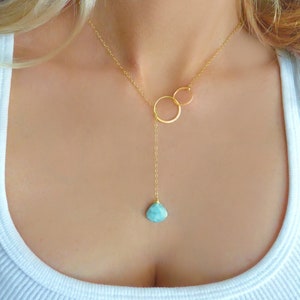 Larimar Lariat Necklace: Sterling Silver, 14k Gold Clasp-less Caribbean Gemstone Beach Pendant