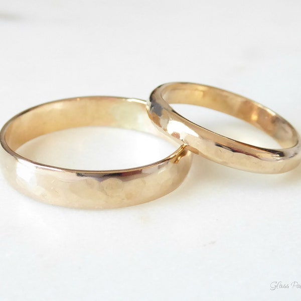 Wedding Bands His and Hers, Matching Wedding Rings 14k Gold Fill, Rustic Hammered Couples Engagement Rings Unixex, 4.5mm & 3.5mm