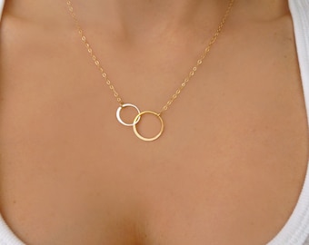 Mixed Metal Necklace For Women, Interlocking Circle Infinity Necklace Gold and Silver, Circle Pendant Eternity Jewelry Gift