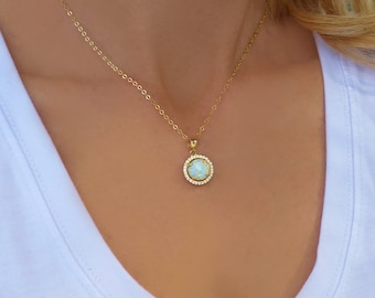 White Opal Necklace Gold, Fire Opal and Cubic Zirconia