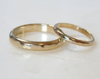Wedding Band Sets His and Her Matching: 14k Gold Fill Hammered Rings 3.5mm & 2mm