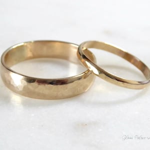 Couples Ring Set 14k Gold Fill, Promise Rings For Couples Engagement, Matching Wedding Bands His And Hers, 4.5mm & 2mm Hammered Minimalist image 1