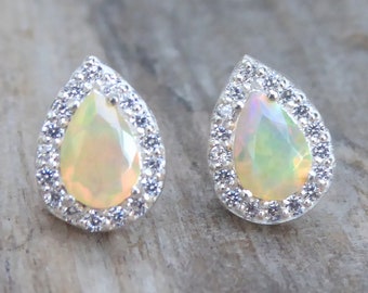 Ethiopian Opal Earrings For Women, Genuine Opal & White Topaz Stud Earrings 925 Sterling Silver, Gemstone Teardrop, Bridal Earrings Gift