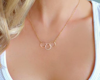 Three Circle Necklace For Women, Rose Gold, Sterling Silver, 14k Gold Fill, Three Sisters Mixed Metal Necklace, 3 Best Friends Circle Trio