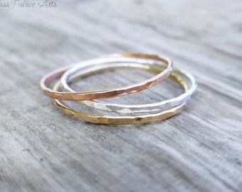 Hammered Stacking Ring Silver, Gold, Rose Gold Fill, Dainty Minimalist Thin Layering Thumb Rings For Women Gift Set, Simple Finger Band