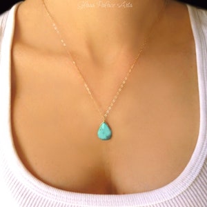 Turquoise Necklace For Women, Long Turquoise Necklace Sterling Silver, Gemstone Teardrop Pendant, Gift For Her, 14k Gold Fill, Rose Gold image 1