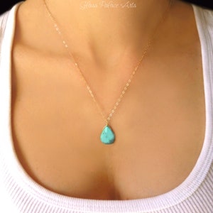 Collier turquoise pour femme, long collier turquoise en argent sterling, pendentif larme de pierres précieuses, cadeau pour elle, remplissage d'or 14 carats, or rose image 1