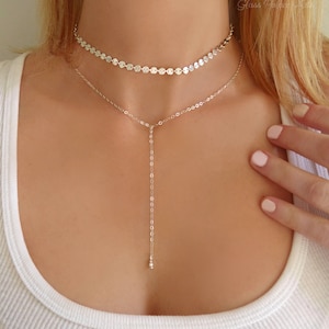 Sterling Silver Choker Necklace Set: Adjustable Dainty Layered Chain Lariat