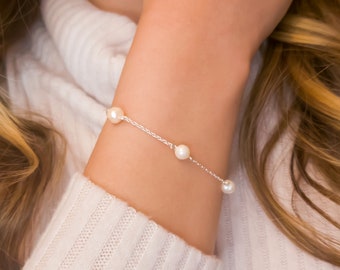 Freshwater Pearl Bracelet For Women Sterling Silver, Dainty Real Pearl Bracelet For Bride, Adjustable 6 - 8 Inches Bridesmaid Gift Jewelry