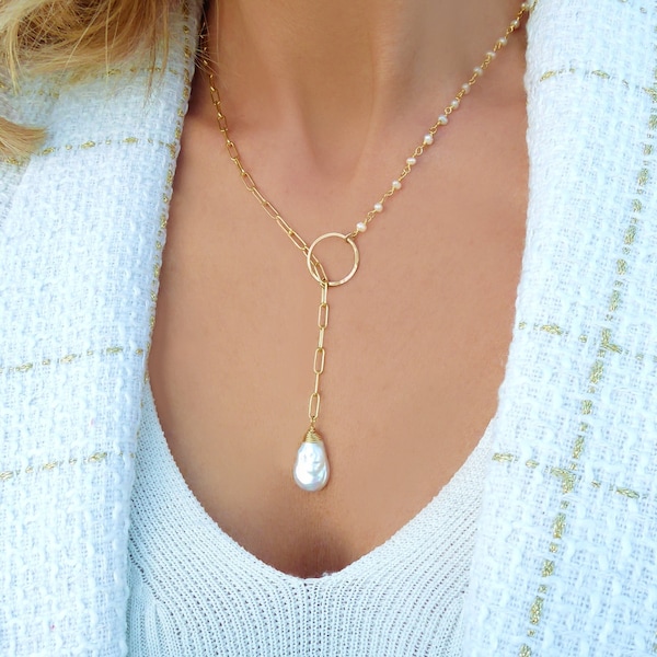 Pearl Necklace For Women, Baroque Freshwater Pearl Lariat Necklace With 14k Gold Paperclip Chain or Sterling Silver, Wedding Jewelry Gift