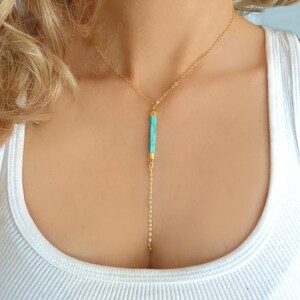 Long Turquoise Lariat Necklace, Simple Boho Layering Turquoise Jewelry, 14k Gold Fill Chain Drop Y Necklace For Women, Gift For Her