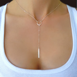 Sterling Silver Lariat Necklace, Dainty Y Necklace Long Choker, Long Lariat Bar Necklace For Women, Skinny Bar Rose Gold Everyday Jewelry