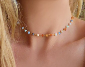 Multi Color Necklace For Women, Peruvian Opal Choker Necklace Adjustable, Dainty Beaded Gemstone Jewelry Gift, Boho Chic