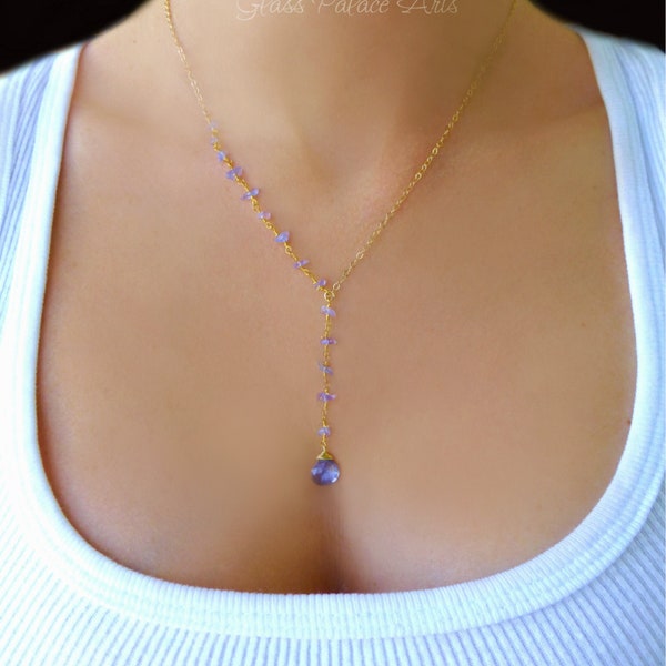 Tanzanite Necklace For Women, Genuine Tanzanite Gemstone Necklace, Lariat Teardrop Pendant, December Birthstone Jewelry Gift
