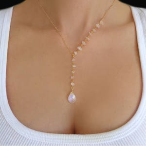 Rainbow Moonstone Lariat Necklace: Gold Filled Teardrop Pendant