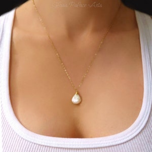 Baroque Pearl Teardrop Necklace: Natural Keshi Pearl, Gold Filled
