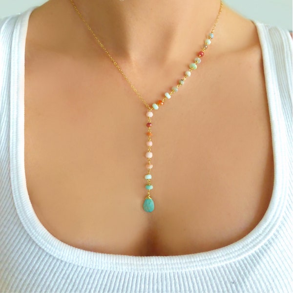 Peruvian Opal Necklace Gold, Multi Color Y Gemstone Lariat Turquoise Necklace For Women, Genuine Opal Unique Beaded Jewelry Gift For Her