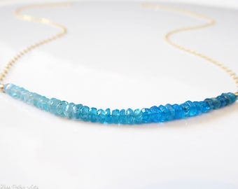 Apatite Gemstone Minimalistic Necklace: Boho Blue Beaded Ombre Necklace