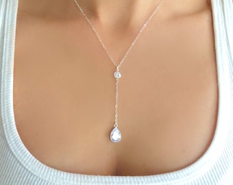 Cubic Zirconia Wedding Necklace, Crystal Bridal Necklace, Simple Crystal Teardrop Bridesmaid Jewelry, April Birthstone Lariat, Gift For Her