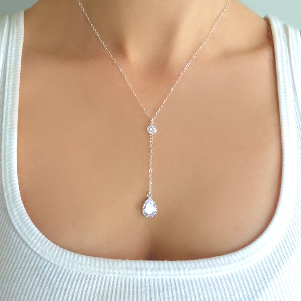 Cubic Zirconia Wedding Necklace, Crystal Bridal Necklace, Simple Crystal Teardrop Bridesmaid Jewelry, April Birthstone Lariat, Gift For Her