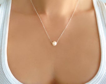 Single Pearl Necklace Sterling Silver, Simple Freshwater Pearl Floating Necklace Rose Gold, Bridesmaid Wedding Jewelry Gift 14k Gold Fill