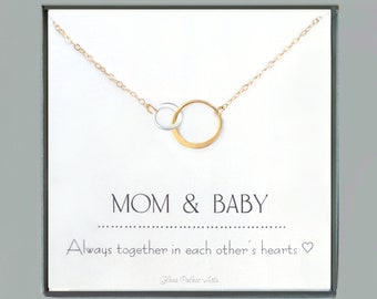 Baby Necklace For Mom, Push Present For Mom Infinity Jewelry, Gold Linked Circle Mother and Child Necklace, Dainty Baby Shower Gift