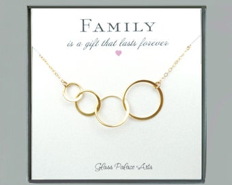 Family of Four Necklace, Family Tree Jewelry, Interlocking Circle Sister Necklaces Gold, Family Is A Gift That Lasts, Gift Ideas For Mom