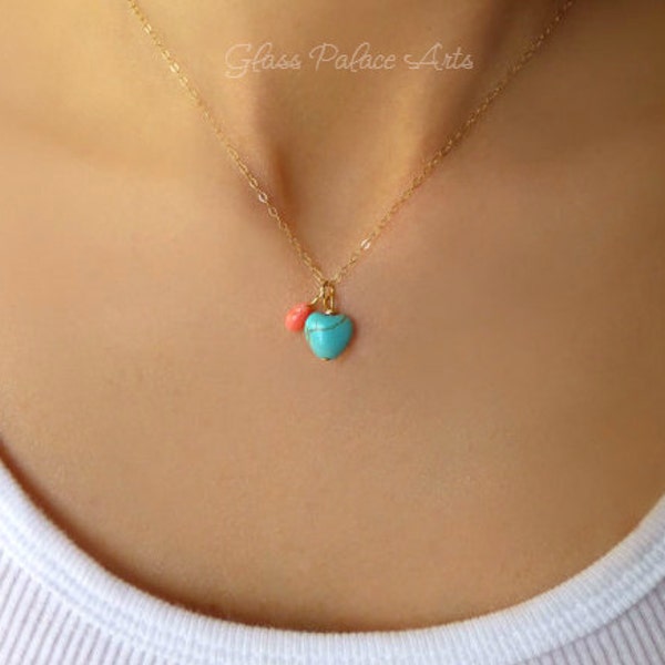 Turquoise and Coral Necklace, Small Turquoise Heart Necklace For Women, Small Dainty Choker, Boho Bridesmaid Jewelry Gift, Beach Wedding
