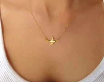 Gold Dove Necklace, Dainty Small Silver Bird Necklace, Tiny Swallow, Little Flying Bird Jewelry Gift For Graduation, Simple Bridesmaid Gift