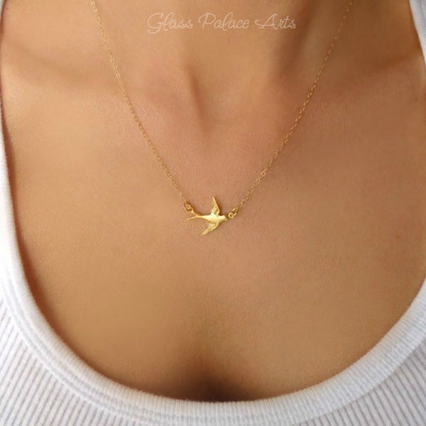 Gold Dove Necklace, Dainty Small Silver Bird Necklace, Tiny Swallow, Little Flying Bird Jewelry Gift For Graduation, Simple Bridesmaid Gift