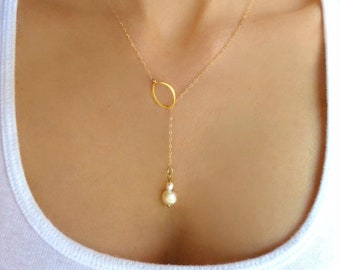 Pearl Necklace For Women, Dainty Real Pearl Lariat Necklace Claspless, Teardrop Bridal Necklace For Bridesmaids, Gold, Sterling Silver