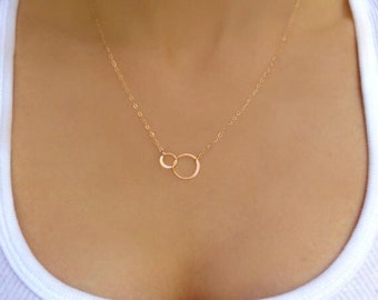 Small Rose Gold Infinity Necklace, Interlocking Circle Rose Gold, Double Ring Mother Daughter Necklace For Women Gift,Tiny Infinity Pendant