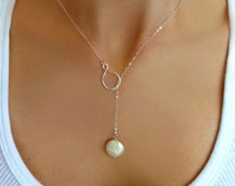 Long Pearl Lariat Y Necklace, Freshwater Pearl Necklace For Women, Coin Pearl Bridal Jewelry Claspless, Bridesmaid Gift For Her
