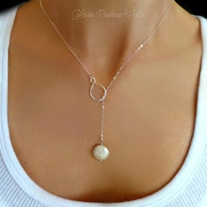 Long Pearl Lariat Y Necklace, Freshwater Pearl Necklace For Women, Coin Pearl Bridal Jewelry Claspless, Bridesmaid Gift For Her Sterling Silver