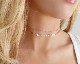 Rose Gold Choker Necklace For Women,  Dainty 14k Gold Double Layered Chain Choker Necklace Set