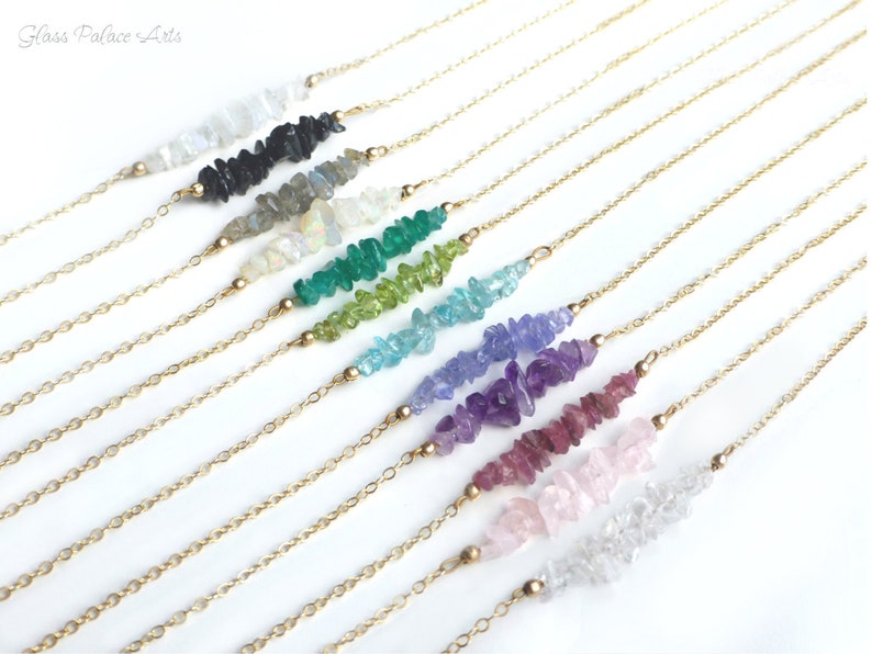 Raw Gemstone Necklace for Women, Beaded Gemstone Bar Birthstone Necklace Rose Gold, Sterling Silver, Opal, Amethyst, Rose Quartz, Tanzanite