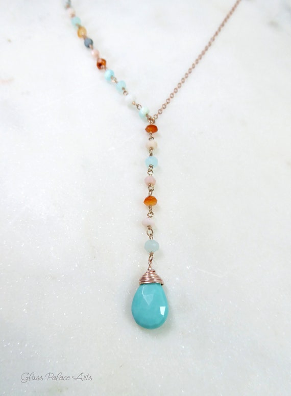 Peruvian Opal Necklace Gold Multi Color Y Gemstone Lariat
