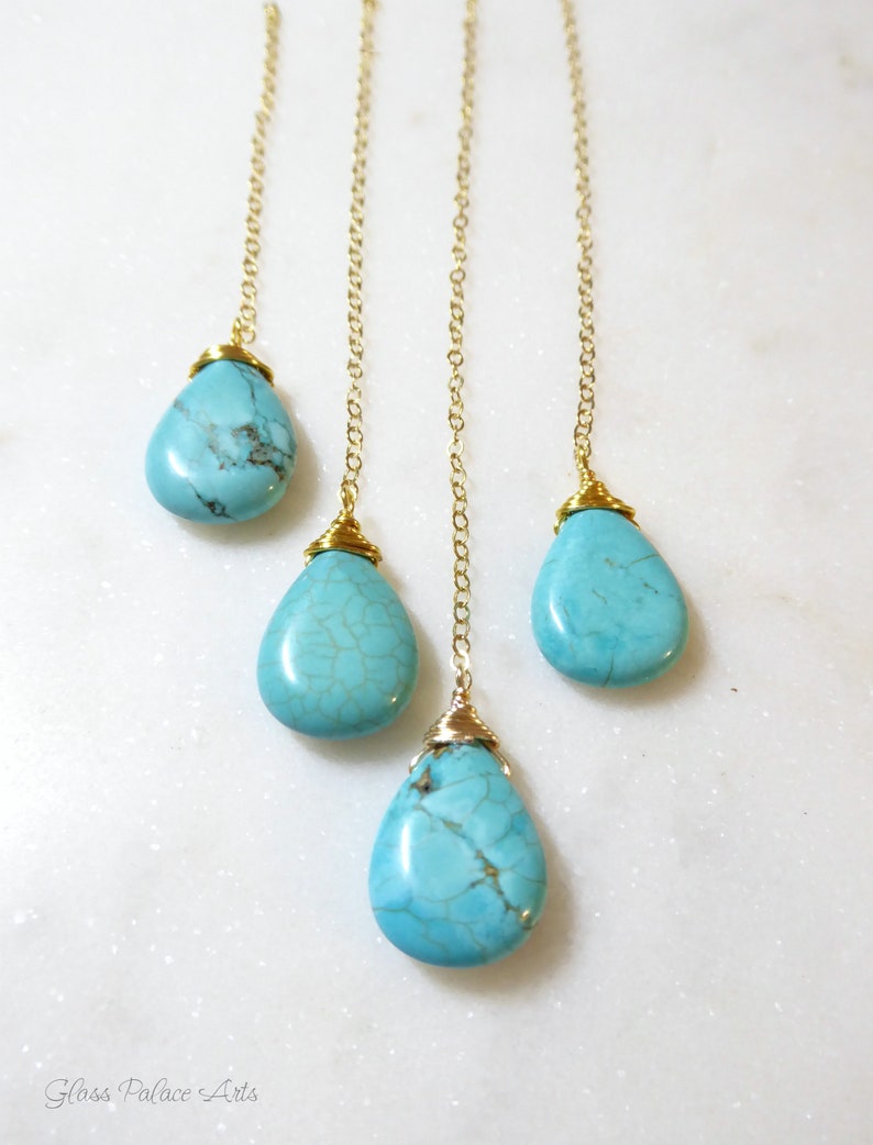 Long Turquoise Necklace Gold Teardrop Turquoise Pendant Y Etsy