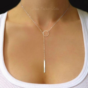 Gold Lariat Necklace For Women, Rose Gold Y Necklace 14k Gold Vertical Bar Necklace Claspless, Long Choker Drop, Bridesmaid Jewelry Gift Silver