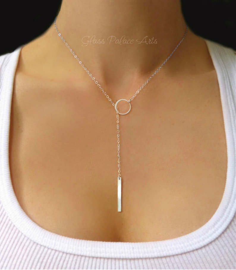 Gold Lariat Necklace For Women, Rose Gold Y Necklace 14k Gold Vertical Bar Necklace Claspless, Long Choker Drop, Bridesmaid Jewelry Gift Silver